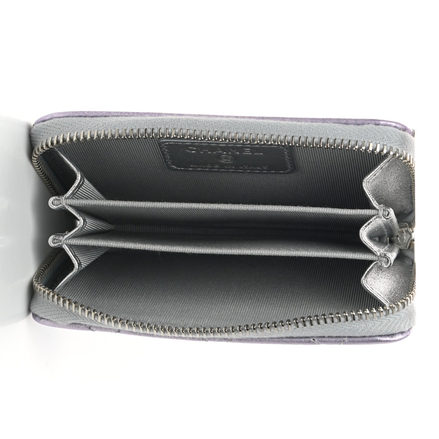 Gradient Metallic Calfskin Quilted Zip Around Coin Purse Wallet Silver Blue Yellow Purple