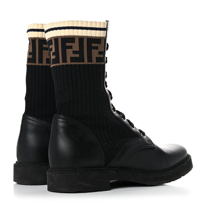 Fendi Calfskin Stretch Fabric Rockoko Biker Boots 38 Tobacco Black Marino 4 of 15