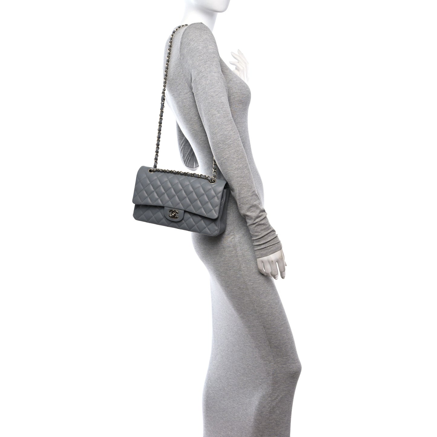 Caviar Quilted Medium Double Flap Grey
