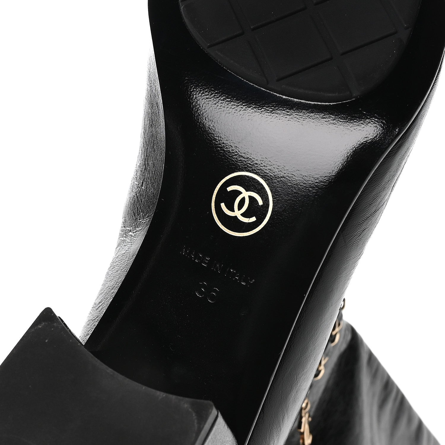 Chanel Crumpled Calfskin Cap Toe Chain Boots 36 Black 1869563