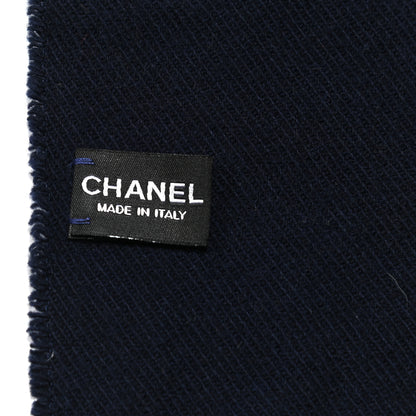 Chanel Cashmere Silk CC Letters Fringe Scarf Navy Blue Gold 3 of 3