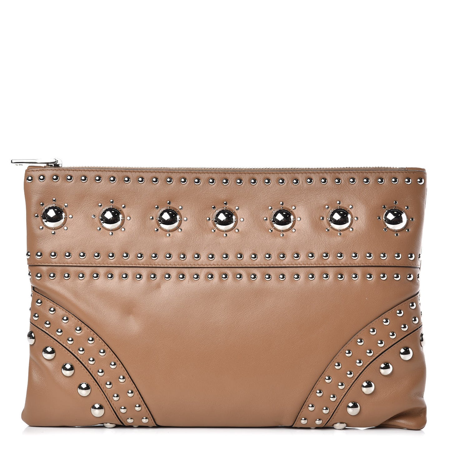 Soft Calfskin Studded Zip Clutch Caramel
