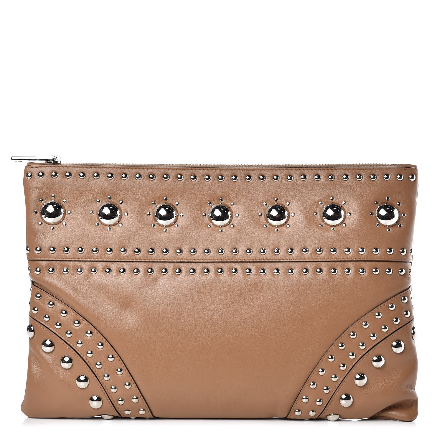 Prada Soft Calfskin Studded Zip Clutch Caramel 1 of 10