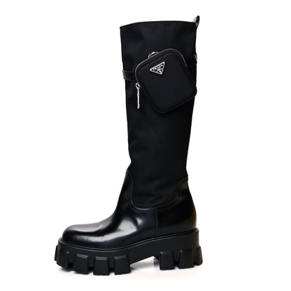 Prada Spazzolato Rois Re-Nylon Metal Triangle Logo Monolith Pouch Pocket 55mm Tall Boots 38.5 Black 1 of 7