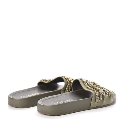 Chanel Canvas Chain Flat Sandals 37 Khaki 3 of 9