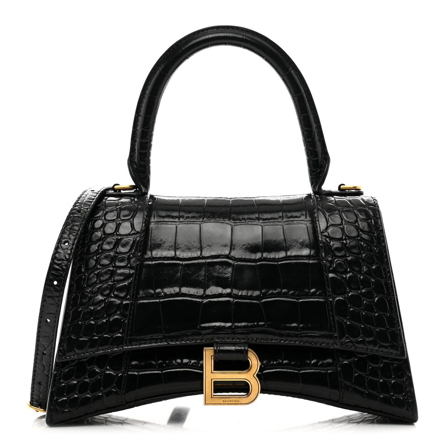 Shiny Calfskin Crocodile Embossed Small Hourglass Top Handle Bag Black