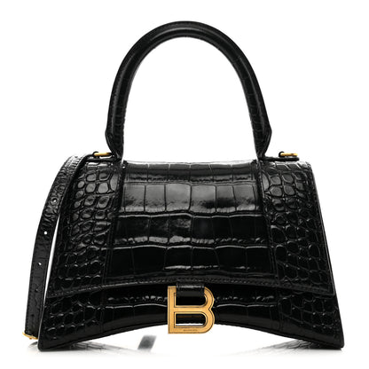 Balenciaga Shiny Calfskin Crocodile Embossed Small Hourglass Top Handle Bag Black 1 of 9