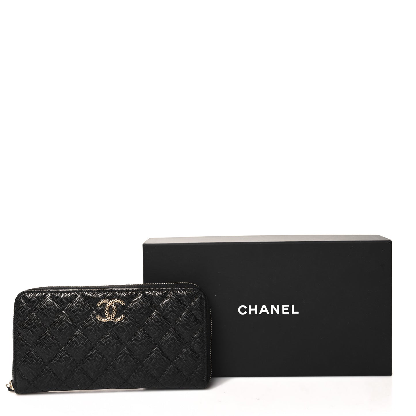 Caviar Quilted Perforated CC Long Zipped Wallet Black