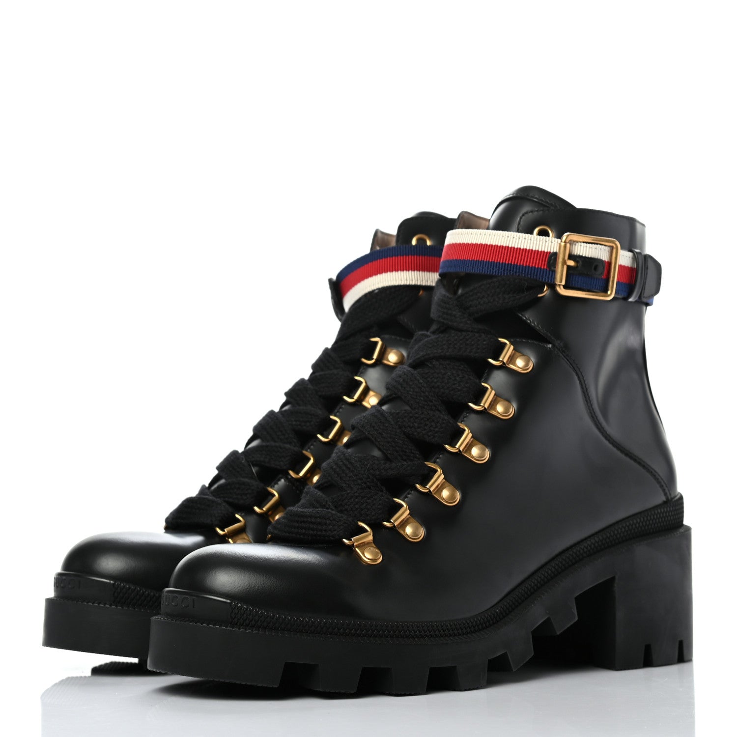 Gucci Calfskin Sylvie Web Womens Lace Up Combat Boots 39 Black 3 of 7