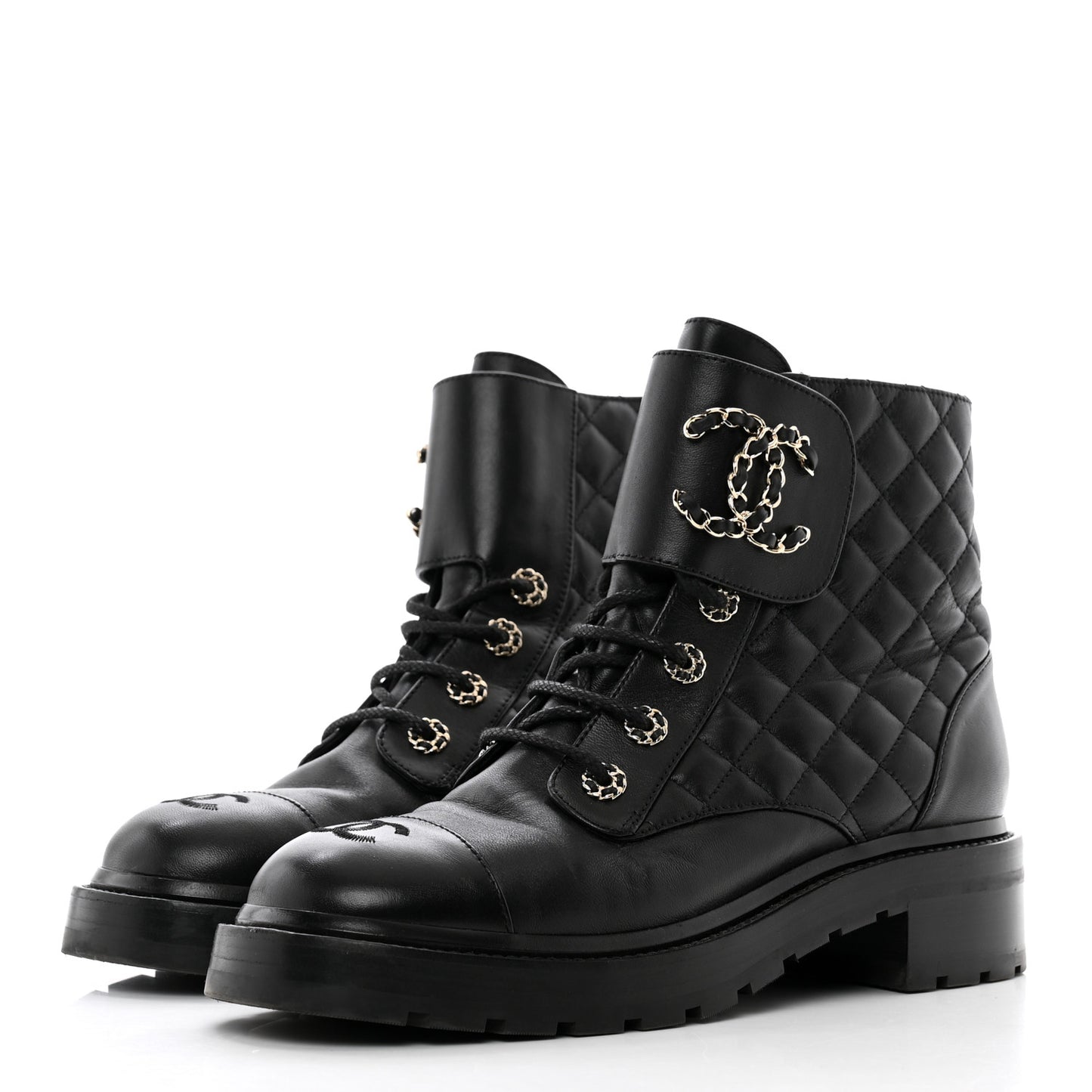 Shiny Lambskin Quilted Lace Up Combat Boots 40 Black