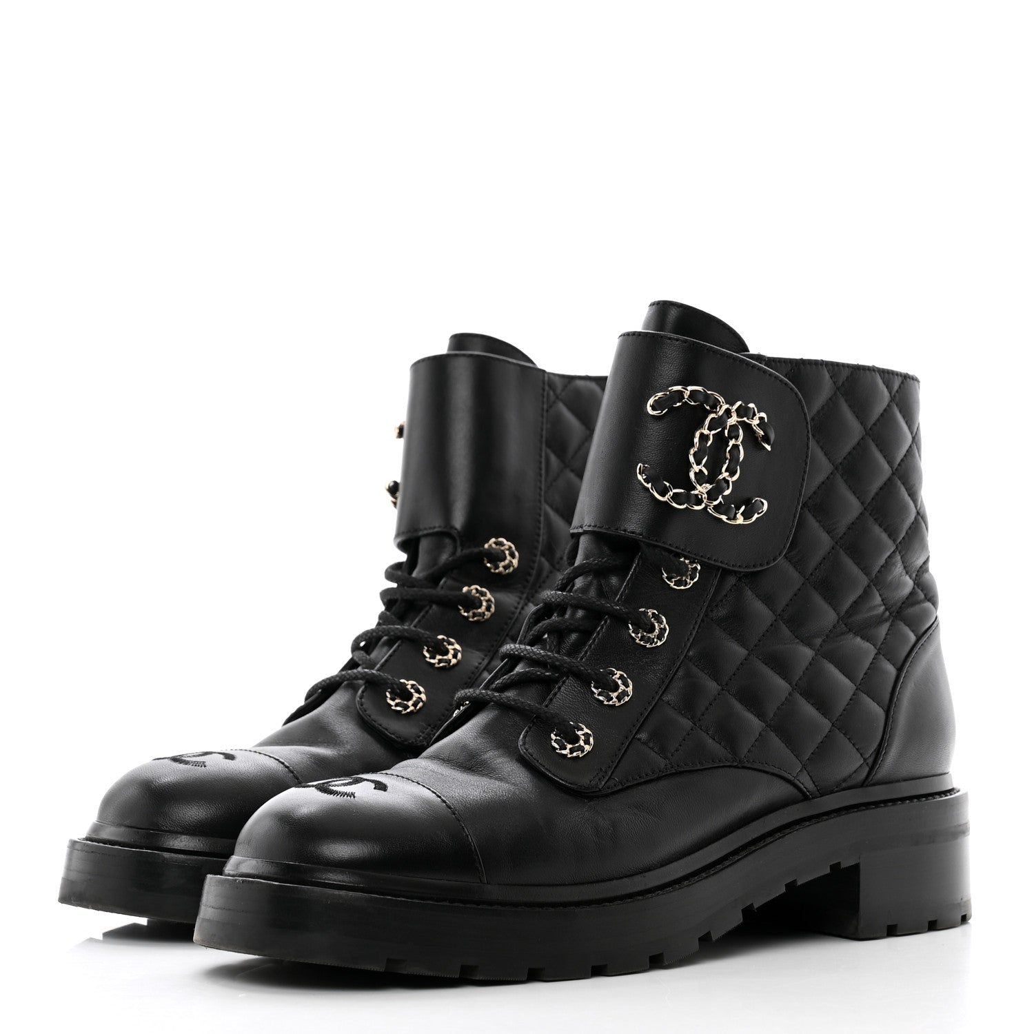 Chanel Shiny Lambskin Quilted Lace Up Combat Boots 40 Black 3 of 8