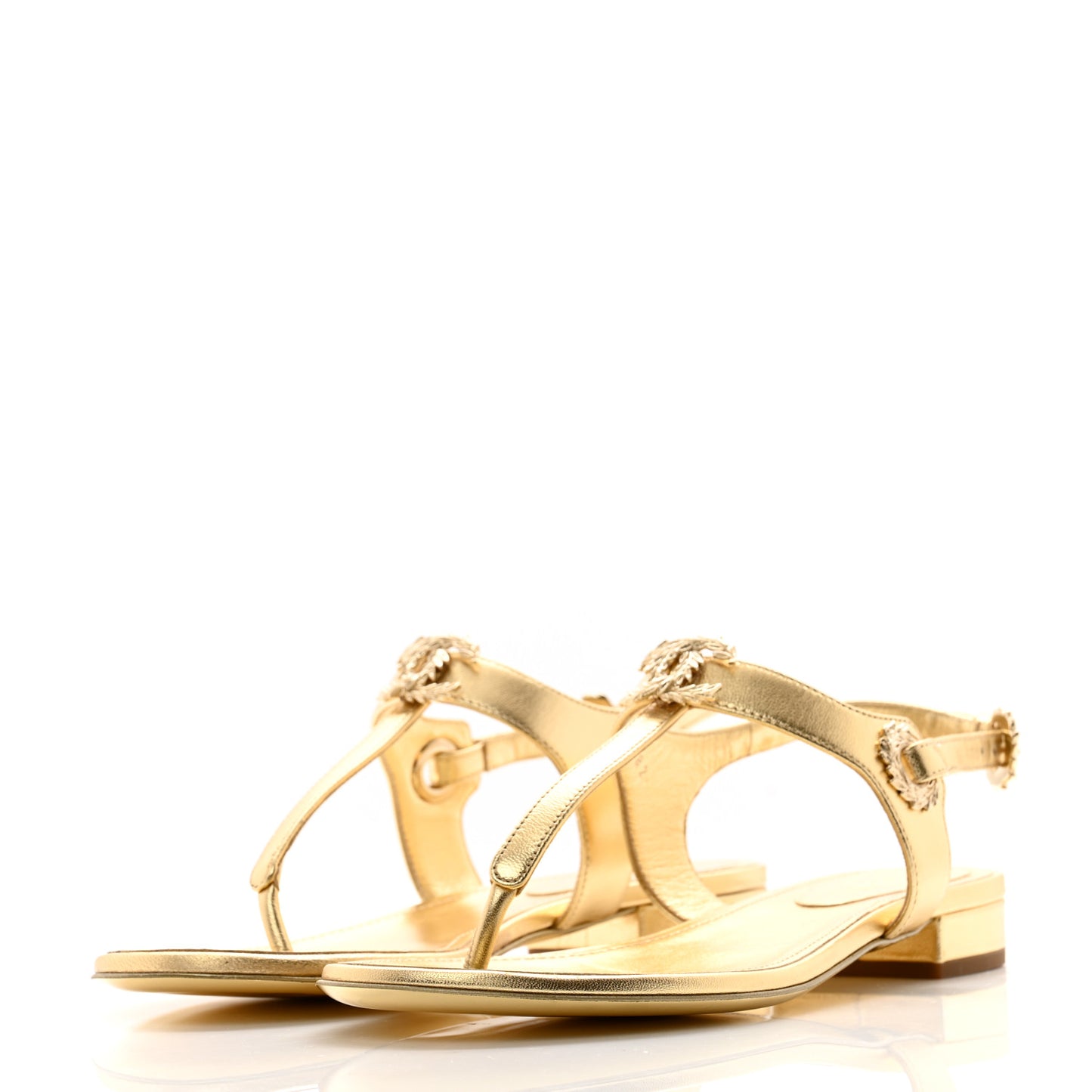 Laminated Lambskin CC Leaf Thong Sandals 37 Golden