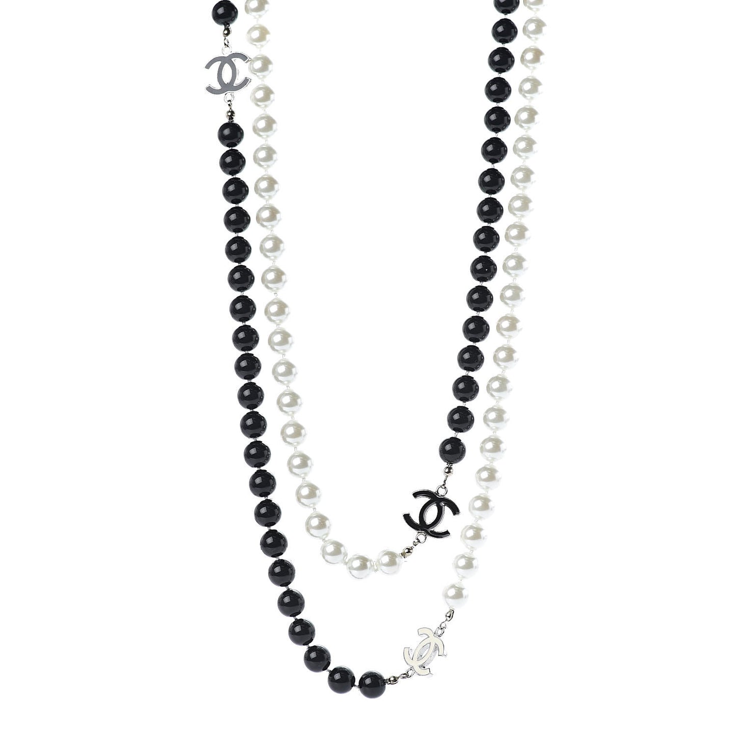 Pearl Beaded Enamel CC Long Necklace Black White
