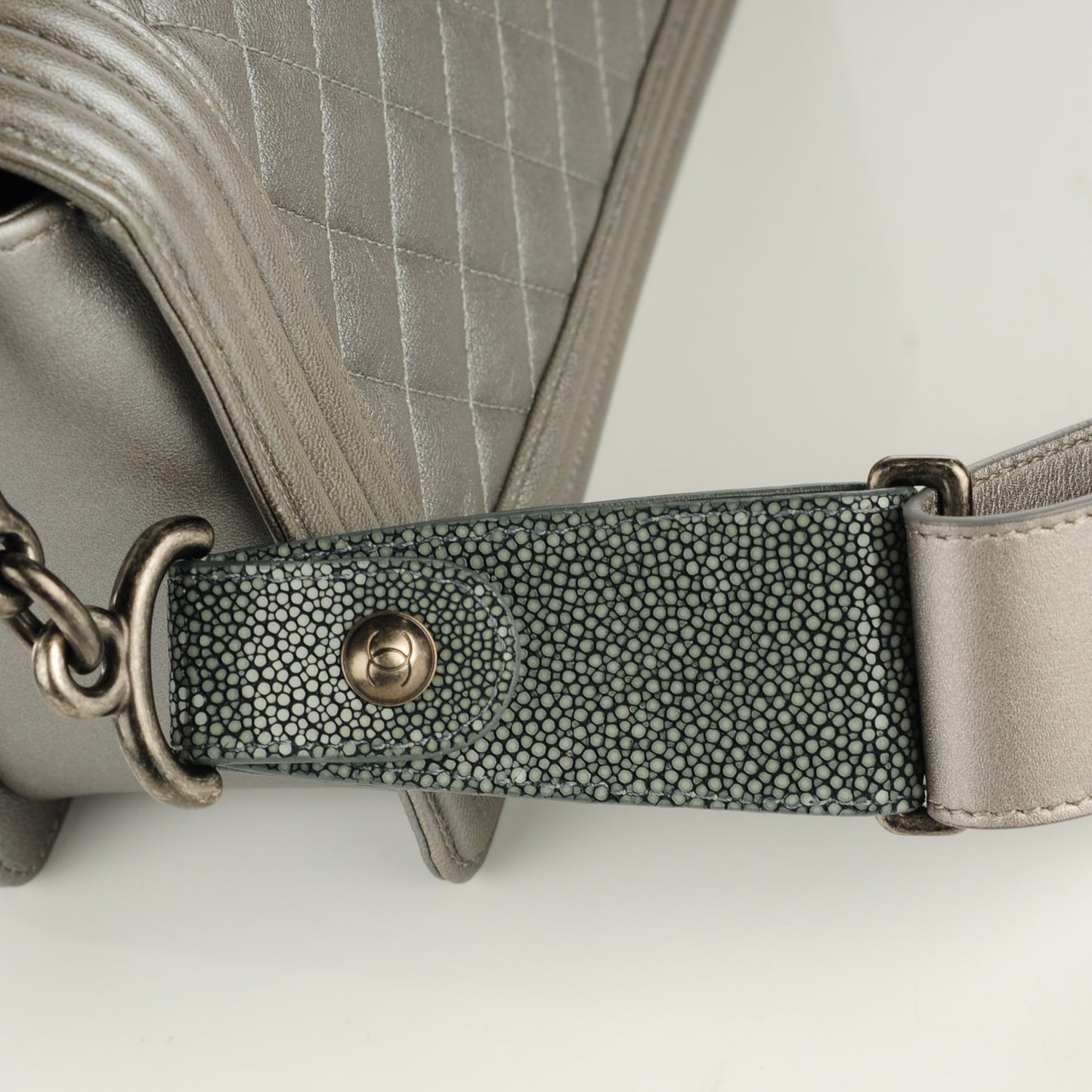 Lambskin Quilted Medium Boy Flap with Stingray Strap Silver