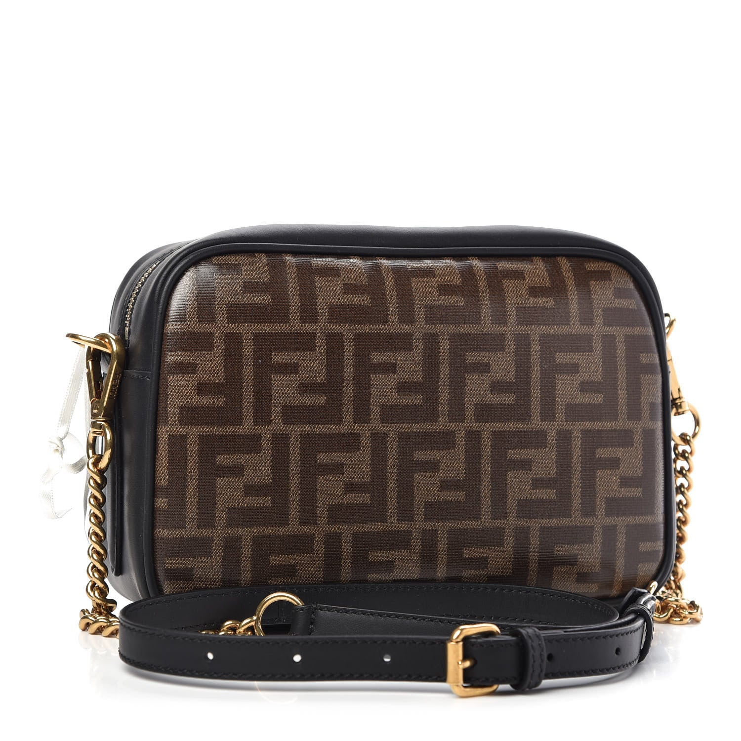 Fendi Glazed Fabric Vitello Century FF 1974 Stamp Patch Camera Case Mogano Panna Black 3 of 9