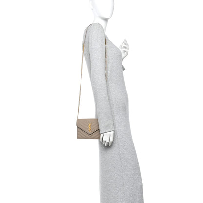 Saint Laurent Grain De Poudre Matelasse Chevron Monogram Envelope Chain Wallet Dark Beige 2 of 17