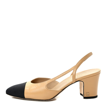 Chanel Goatskin Grosgrain Cap Toe CC Slingback Pumps 40 Beige Black 1 of 8