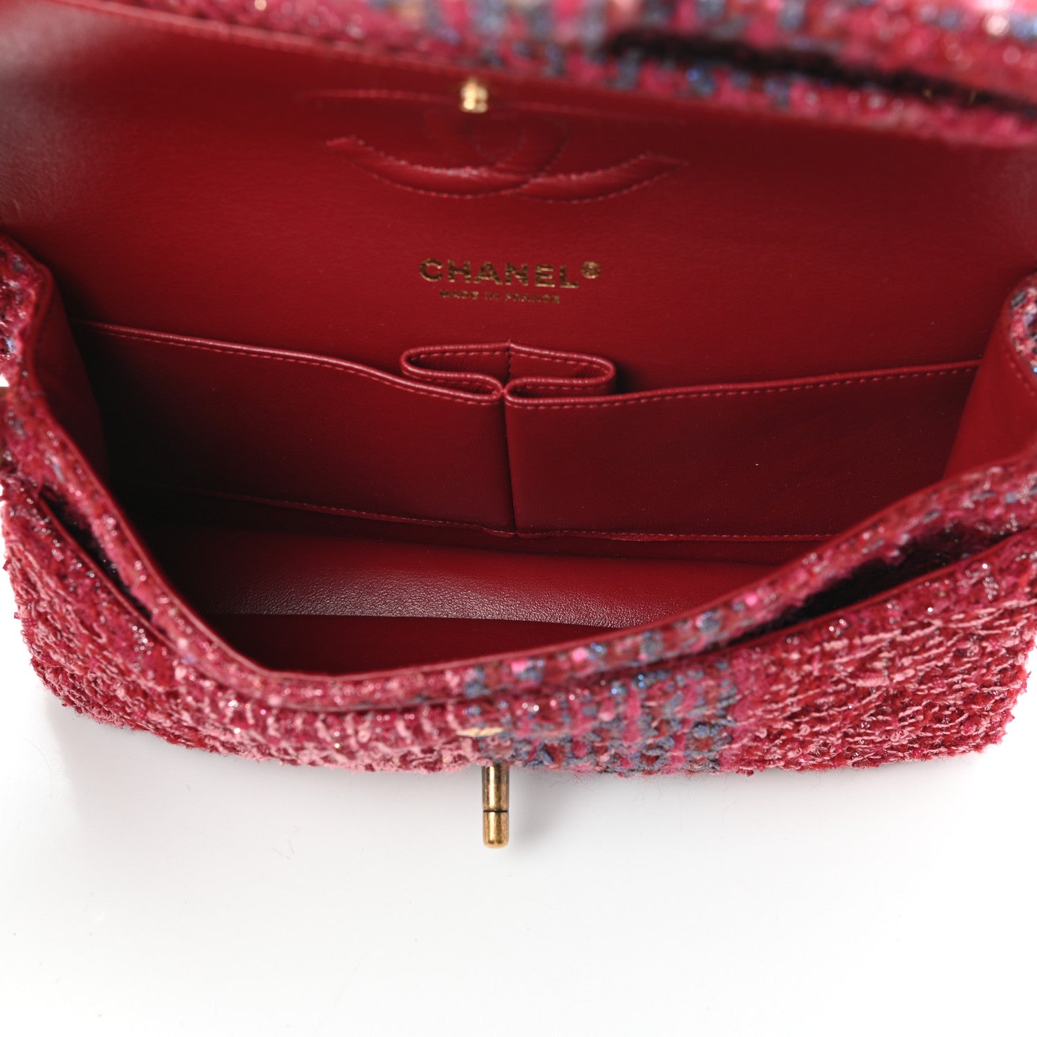 Chanel Tweed Quilted Medium Double Flap Raspberry Blue Pink 5 of 10
