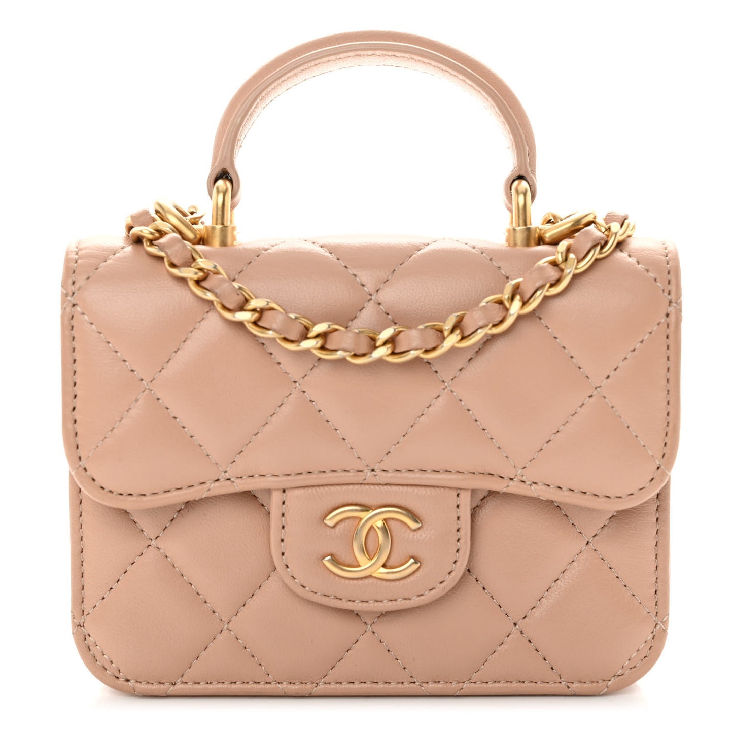 Lambskin Quilted Top Handle Flap Coin Purse With Chain Beige