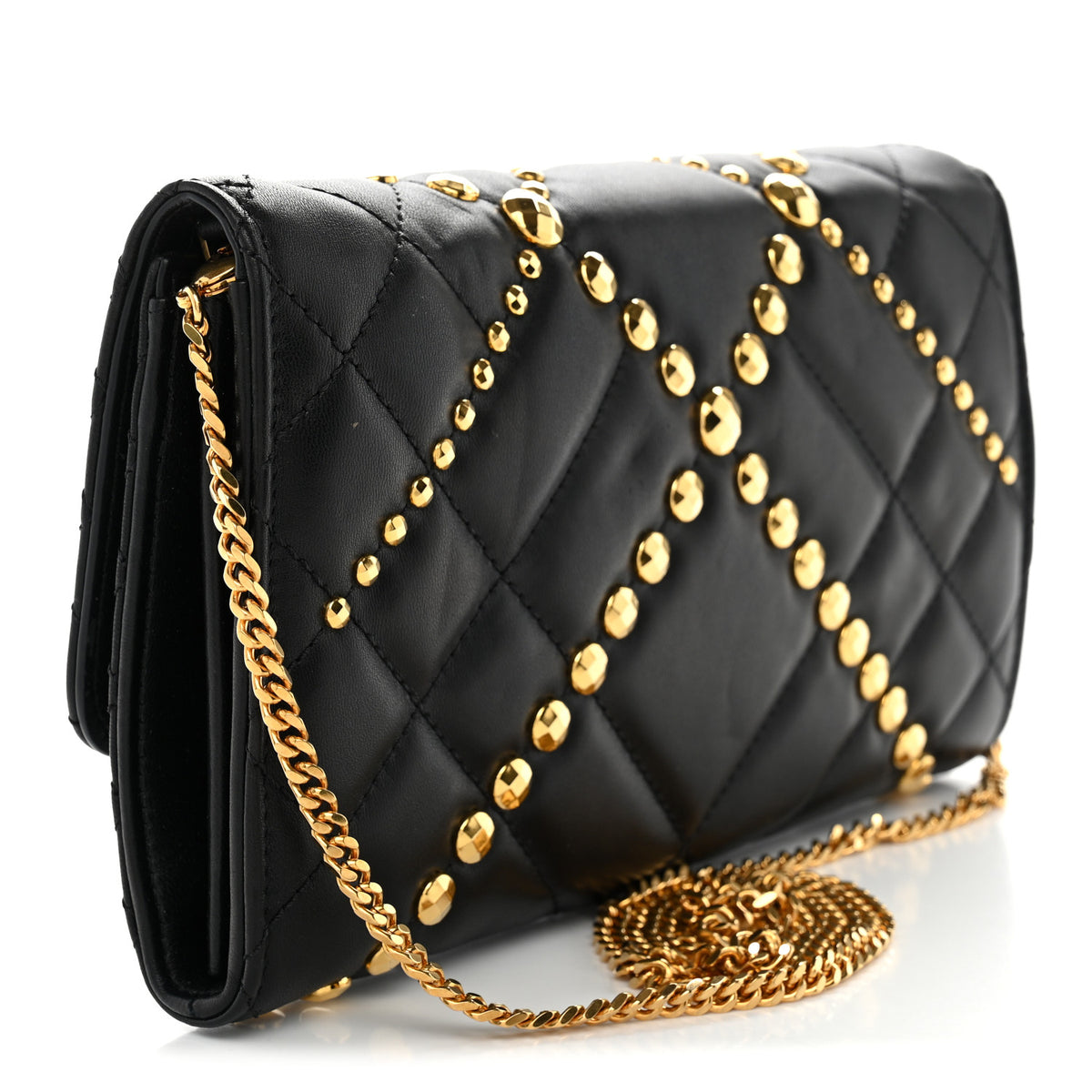 Lambskin Studded Quilted Medusa Wallet on Chain Crossbody Black Gold