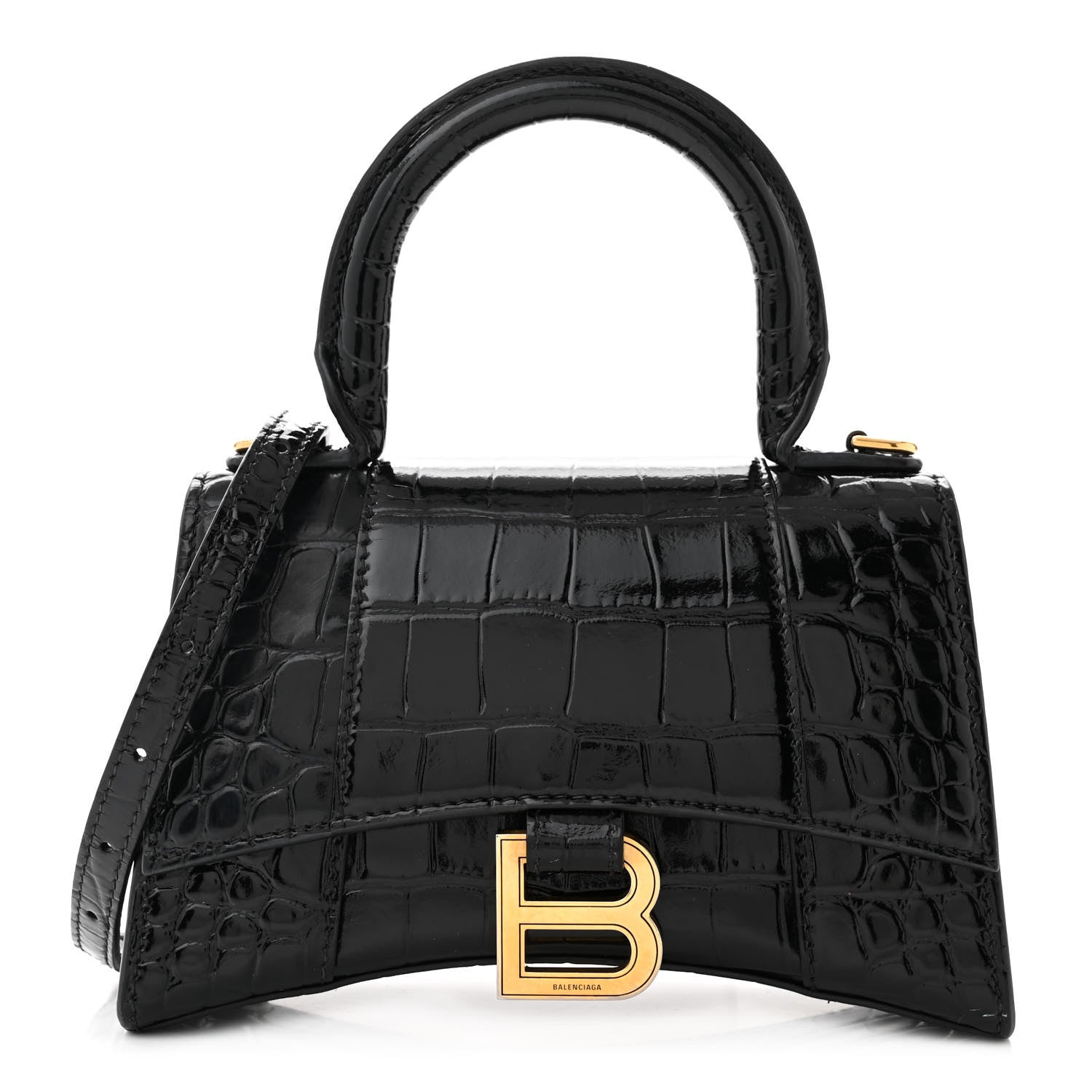 Balenciaga Shiny Calfskin Crocodile Embossed Hourglass Top Handle Bag XS Black 1 of 13
