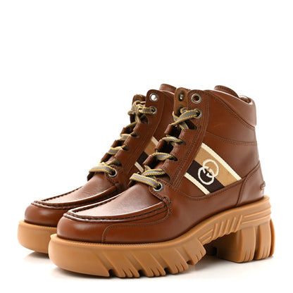 Gucci Quebec Calfskin Web Womens Interlocking G Lace Up Combat Up Combat Boots 37 Cuir Mystic White Ebony Beige 4 of 10