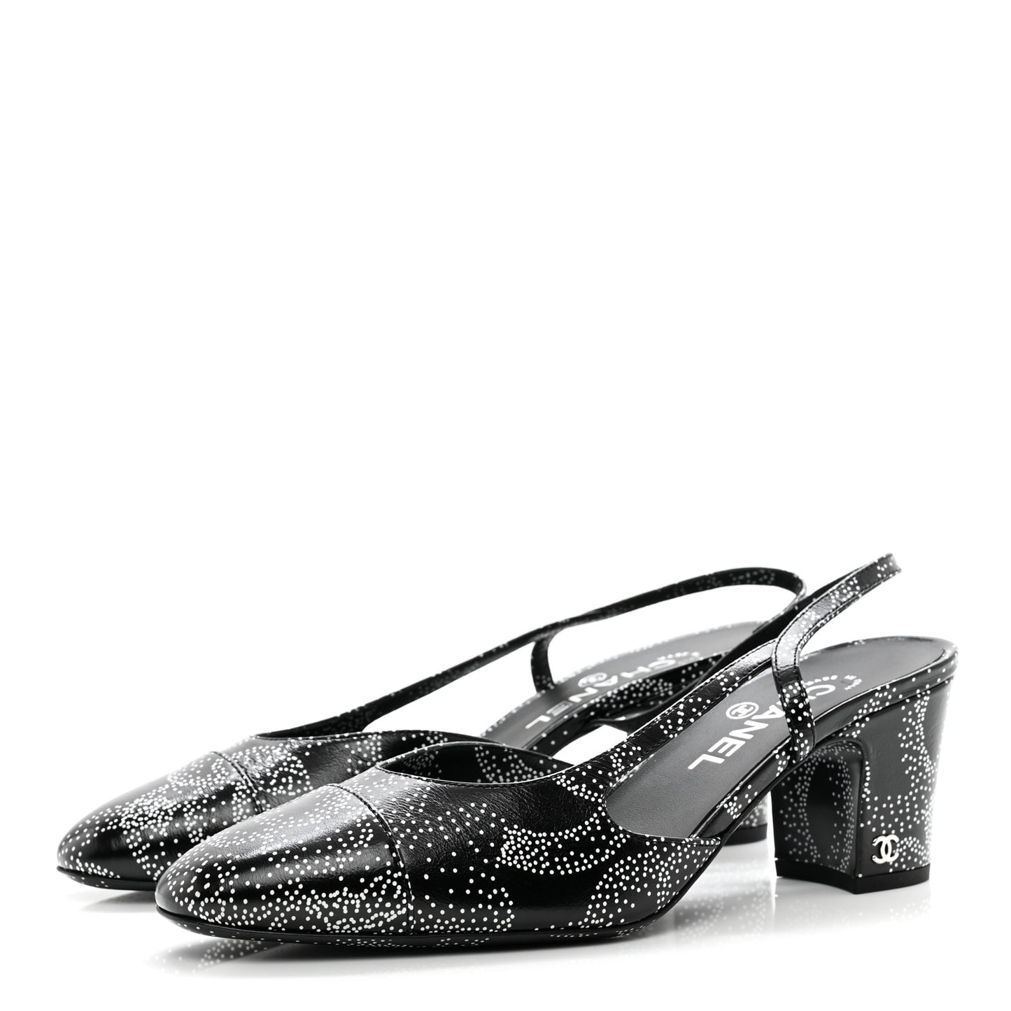 Calfskin Camellia Printed Cap Toe CC Slingback Pumps 39.5 Black White