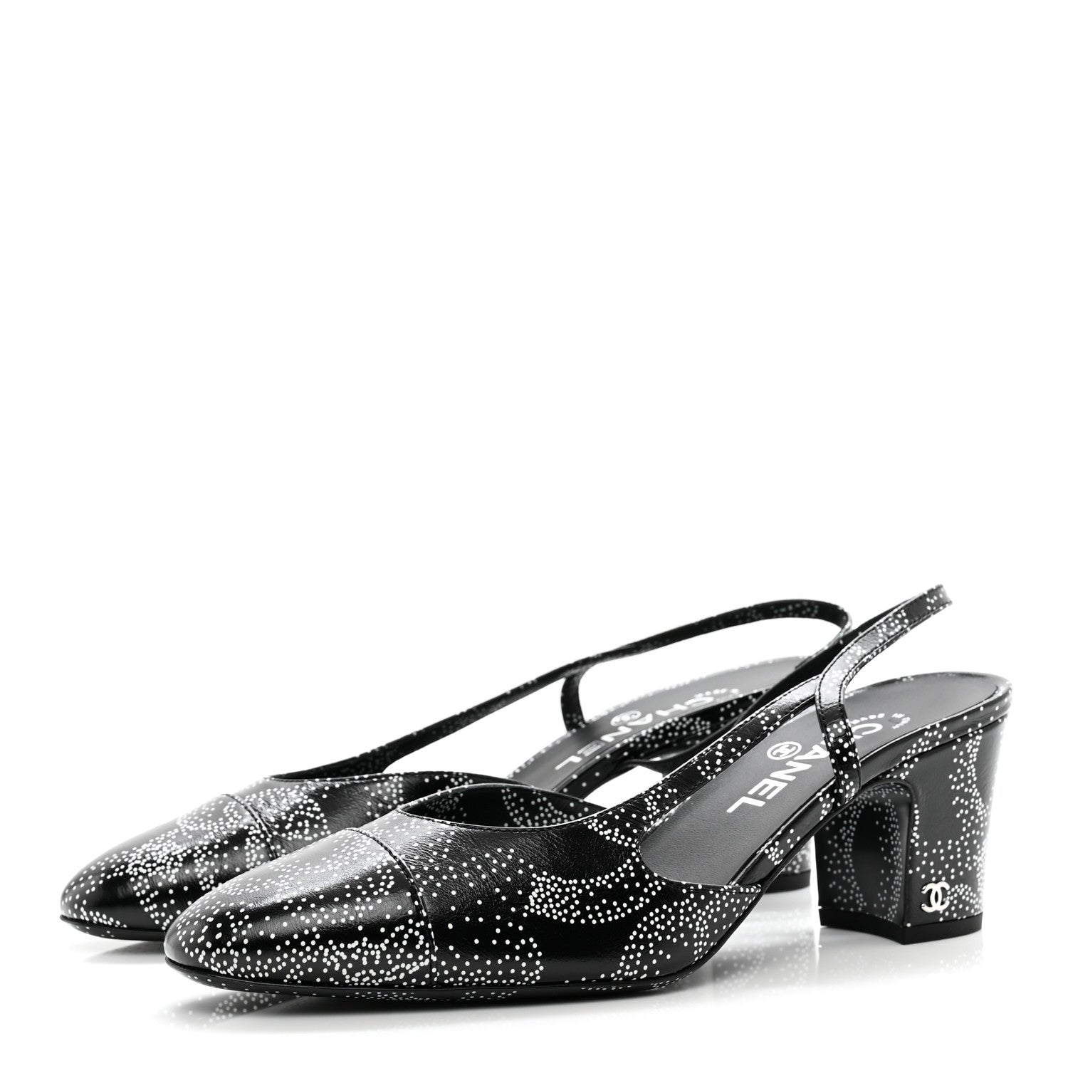 Chanel Calfskin Camellia Printed Cap Toe CC Slingback Pumps 39.5 Black White 3 of 9