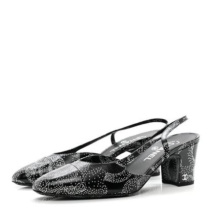 Chanel Calfskin Camellia Printed Cap Toe CC Slingback Pumps 39.5 Black White 3 of 9