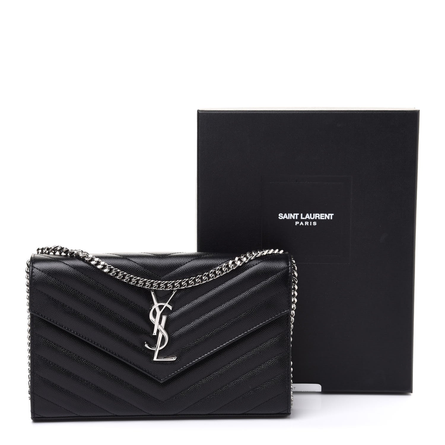 Saint Laurent Grain De Poudre Matelasse Chevron Monogram Chain Wallet Black 12 of 12