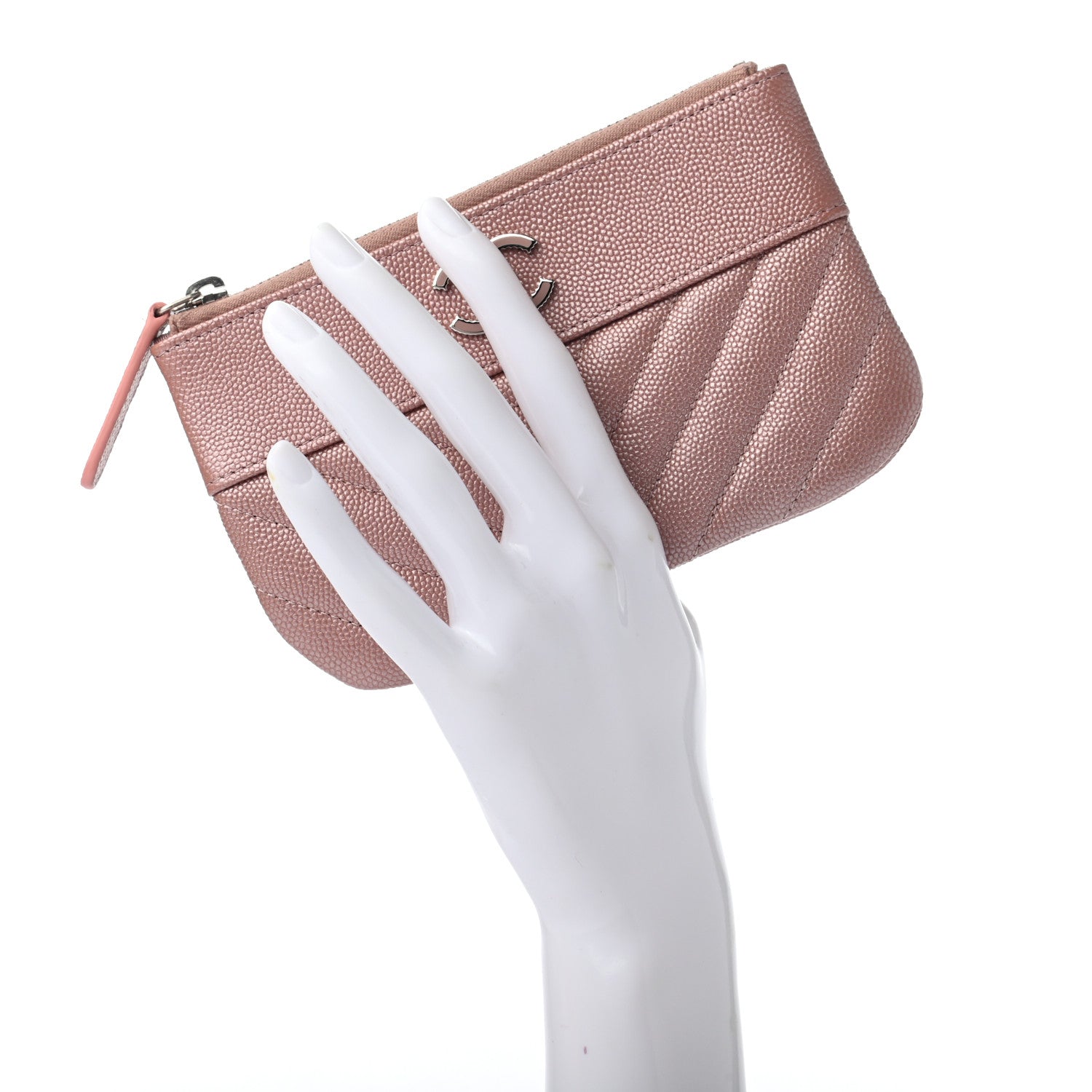 Chanel Metallic Caviar Chevron Quilted Small Vintage Mademoiselle Cosmetic Case Pink 2 of 7