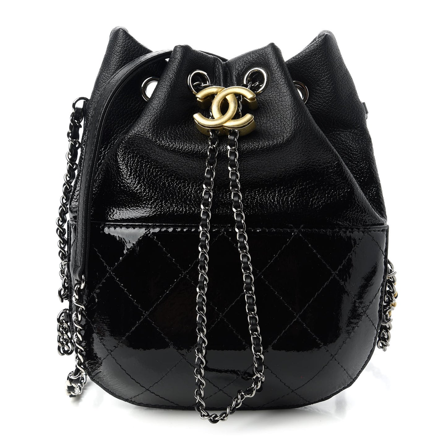 Patent Goatskin Quilted Small Gabrielle Bucket Black