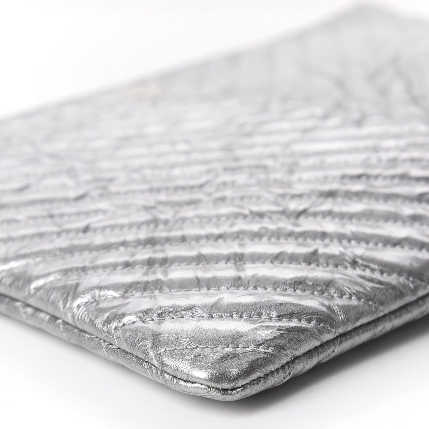 Metallic Crumpled Calfskin Chevron Quilted Large Cosmetic Case Silver