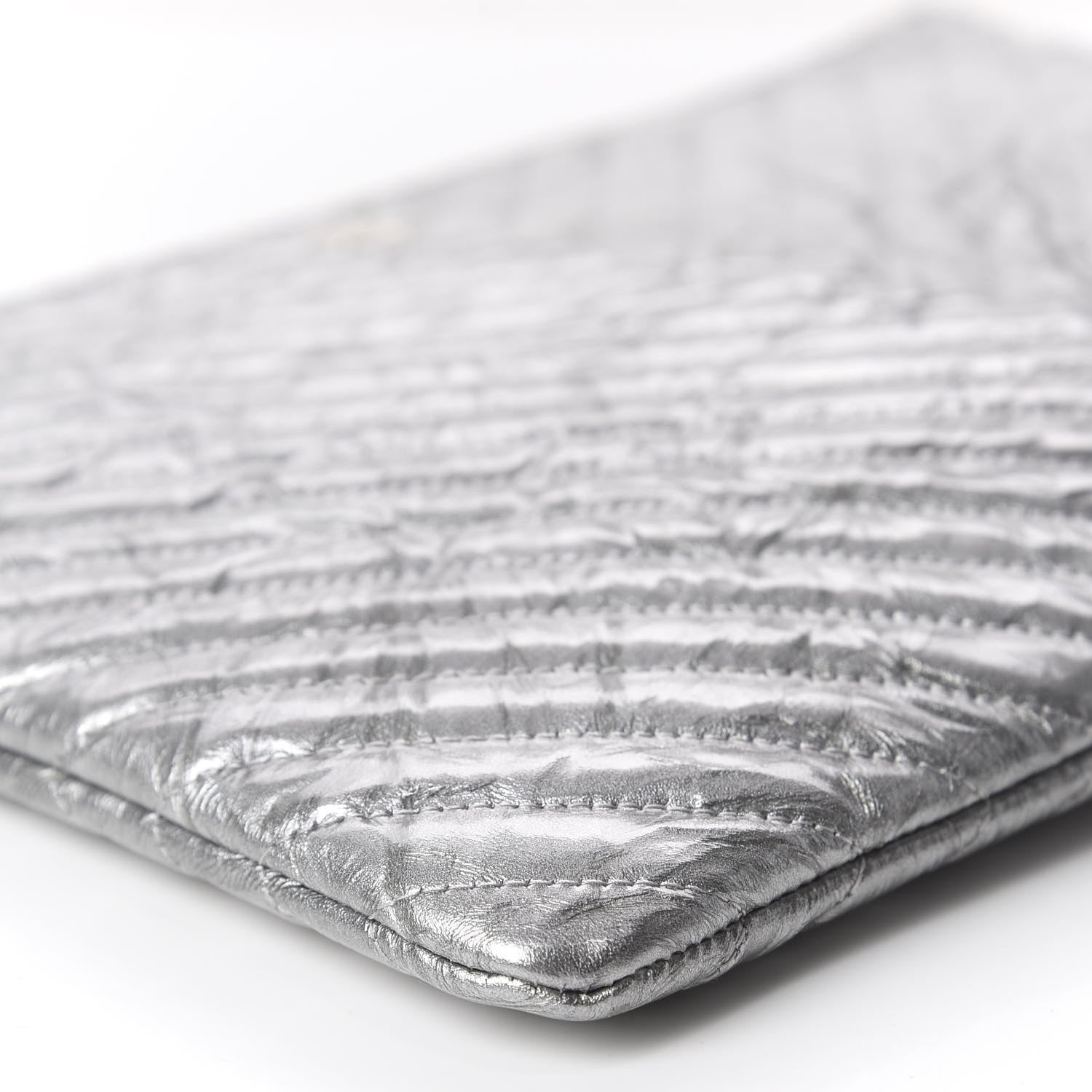 Chanel Metallic Crumpled Calfskin Chevron Quilted Large Cosmetic Case Silver 5 of 8