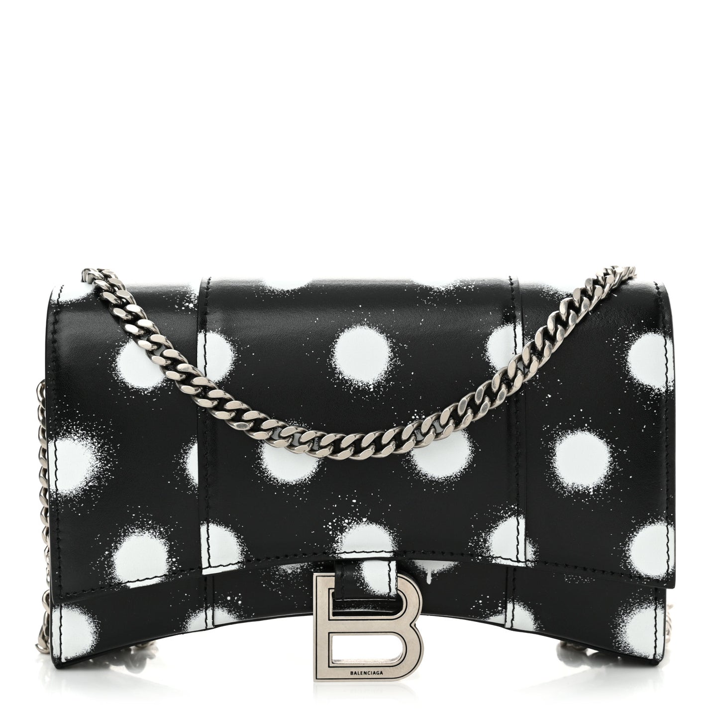 Shiny Box Calfskin Polka Dot Hourglass Chain Bag Black White