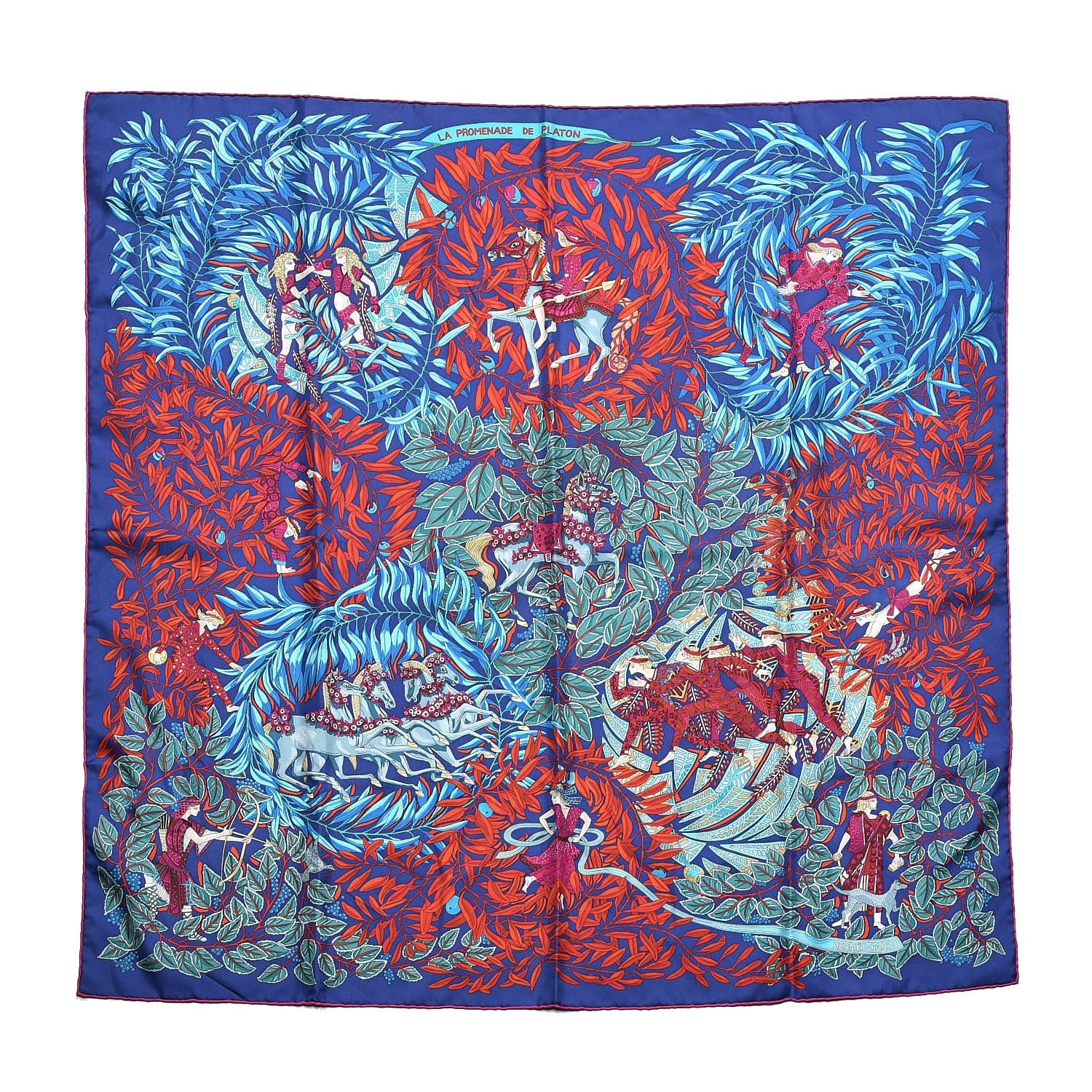 Hermes Silk La Promenade de Platon Scarf 90 Indigo Rouge Turquoise 1 of 7