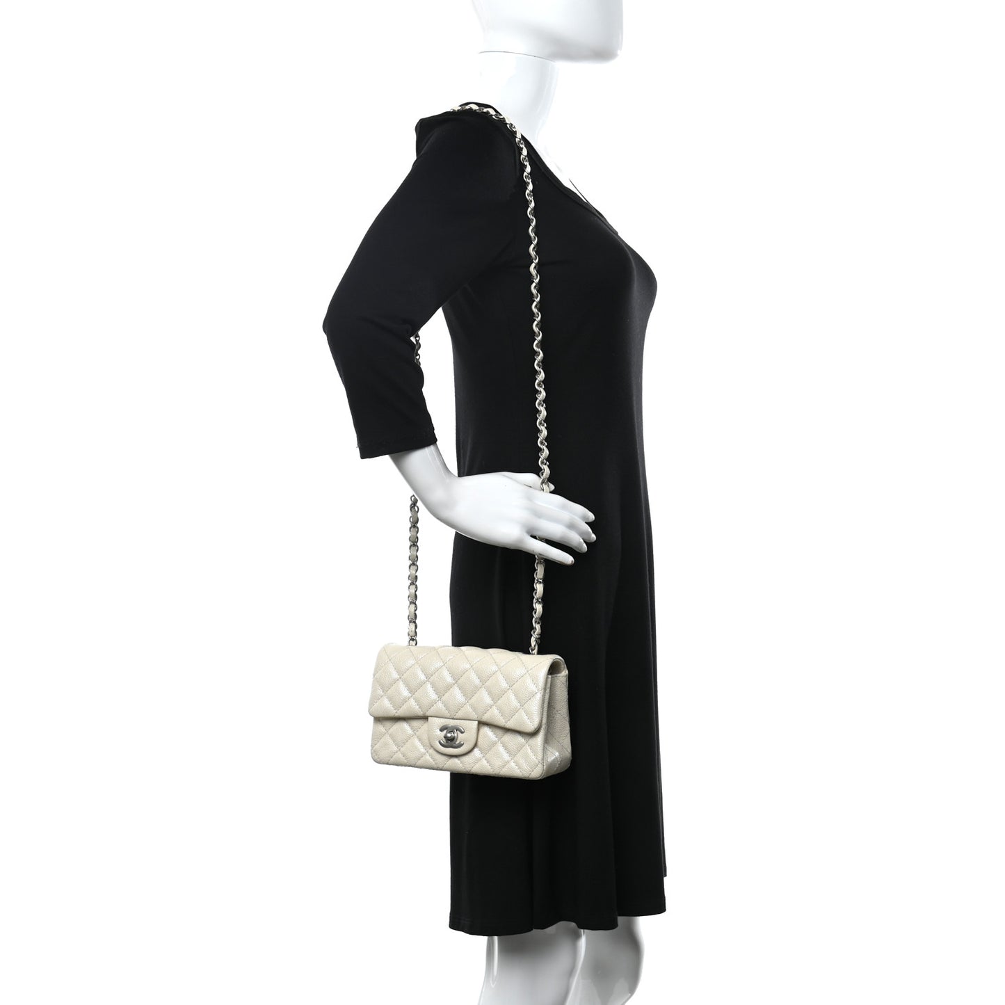 Iridescent Caviar Quilted Mini Rectangular Flap Ivory