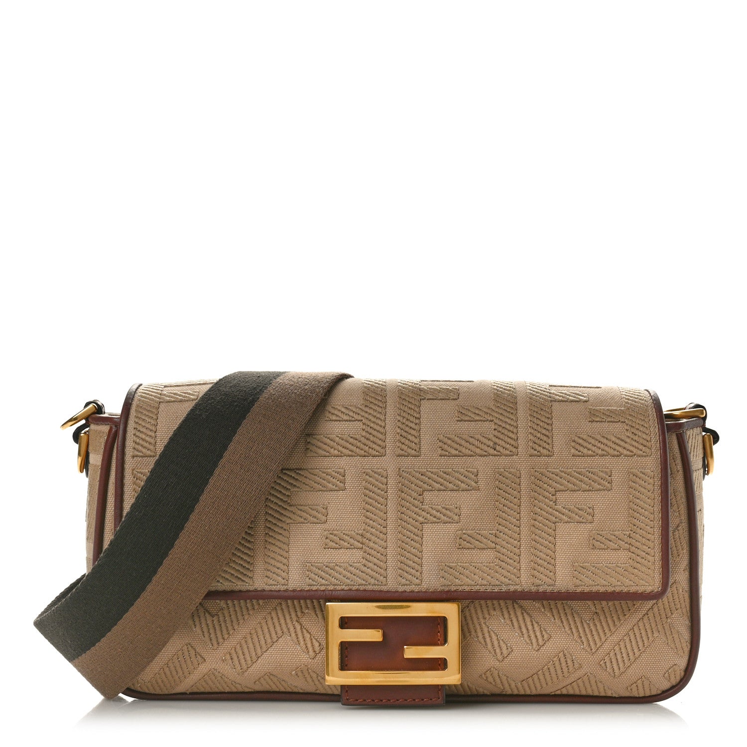 Fendi Canvas Vitello King Bi-Color Strap FF Embroidered Baguette Beige 1 of 10