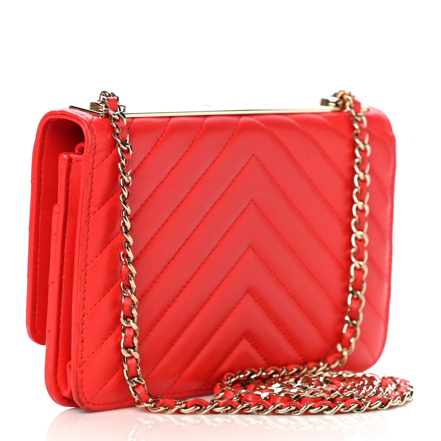 Lambskin Chevron Quilted Trendy CC Wallet On Chain WOC Red