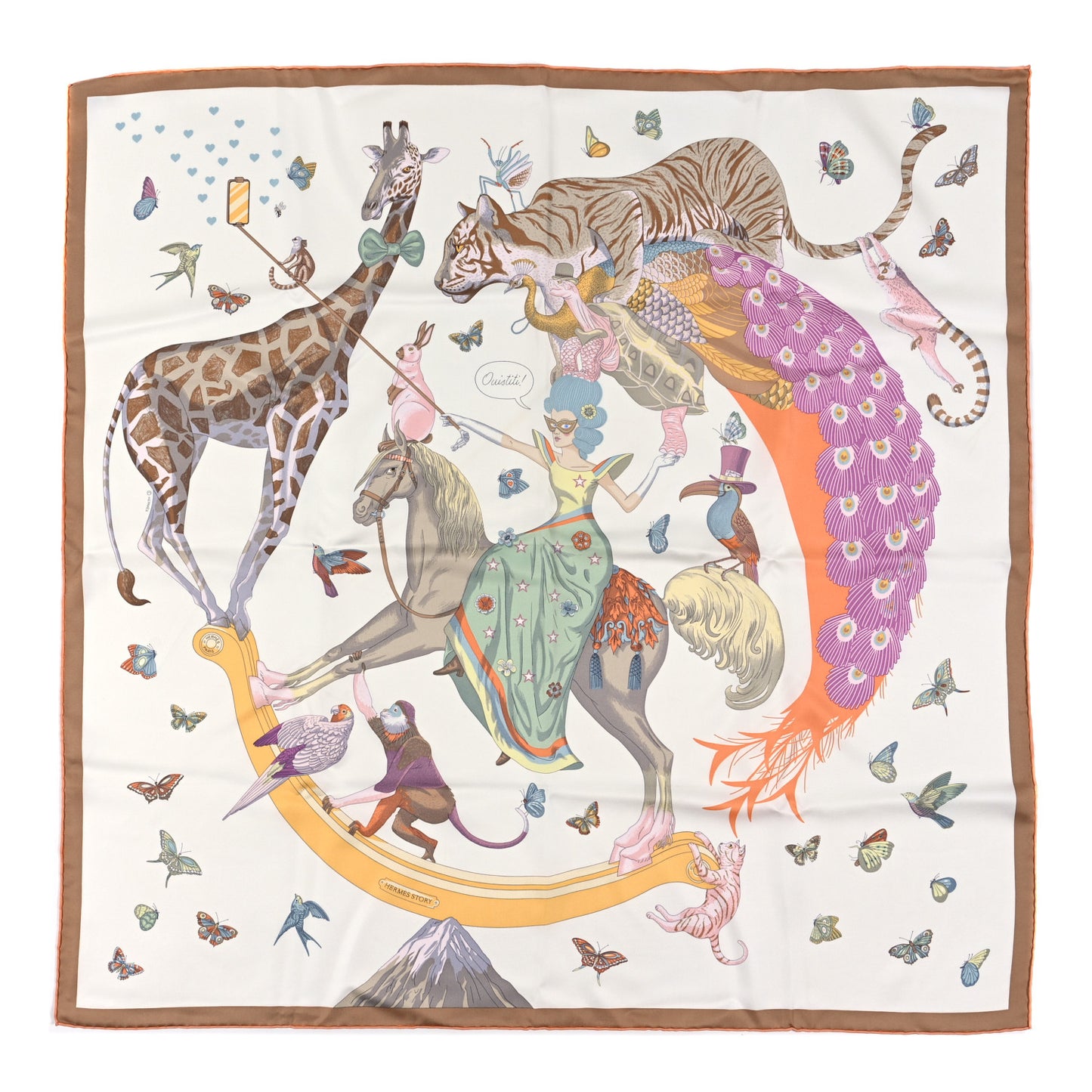 Silk Hermes Story Scarf 90 White Beige Multicolor