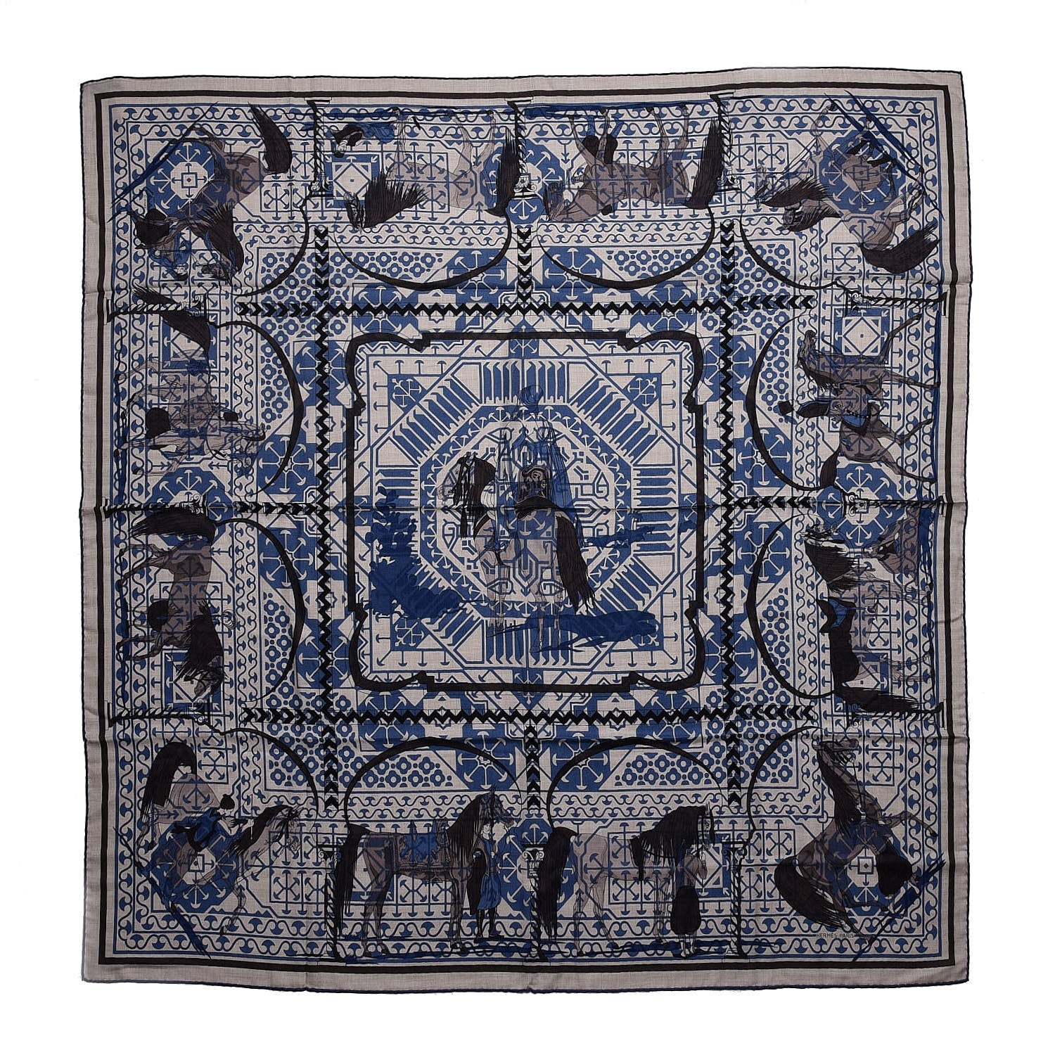 Hermes Cashmere Silk Imprimeur Fou Charabia Shawl 140 Naturel Bleu Sport Poivre 1 of 7