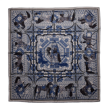 Hermes Cashmere Silk Imprimeur Fou Charabia Shawl 140 Naturel Bleu Sport Poivre 1 of 7
