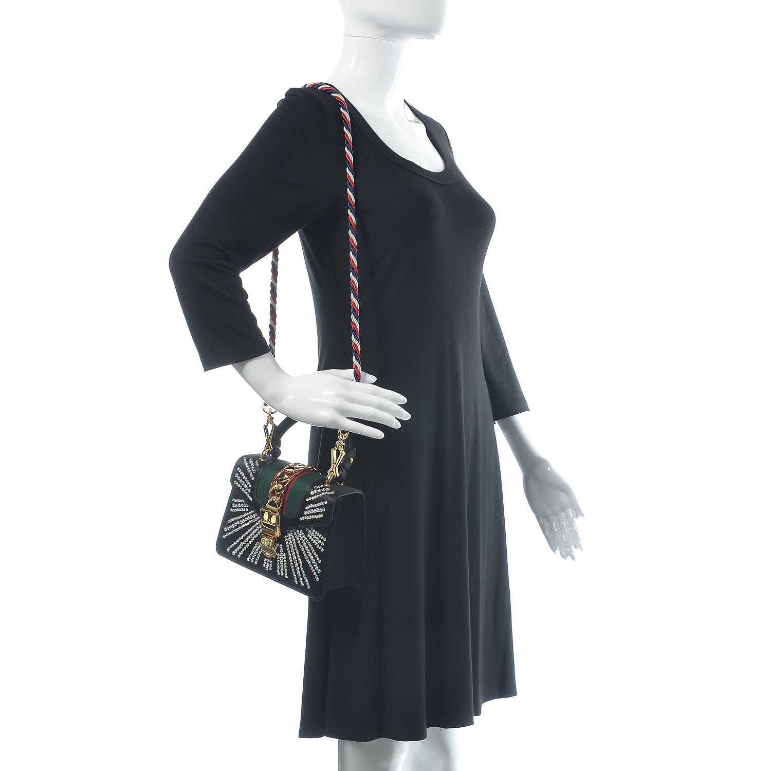 Gucci Satin Crystal Mini Sylvie Top Handle Bag Black 3 of 15