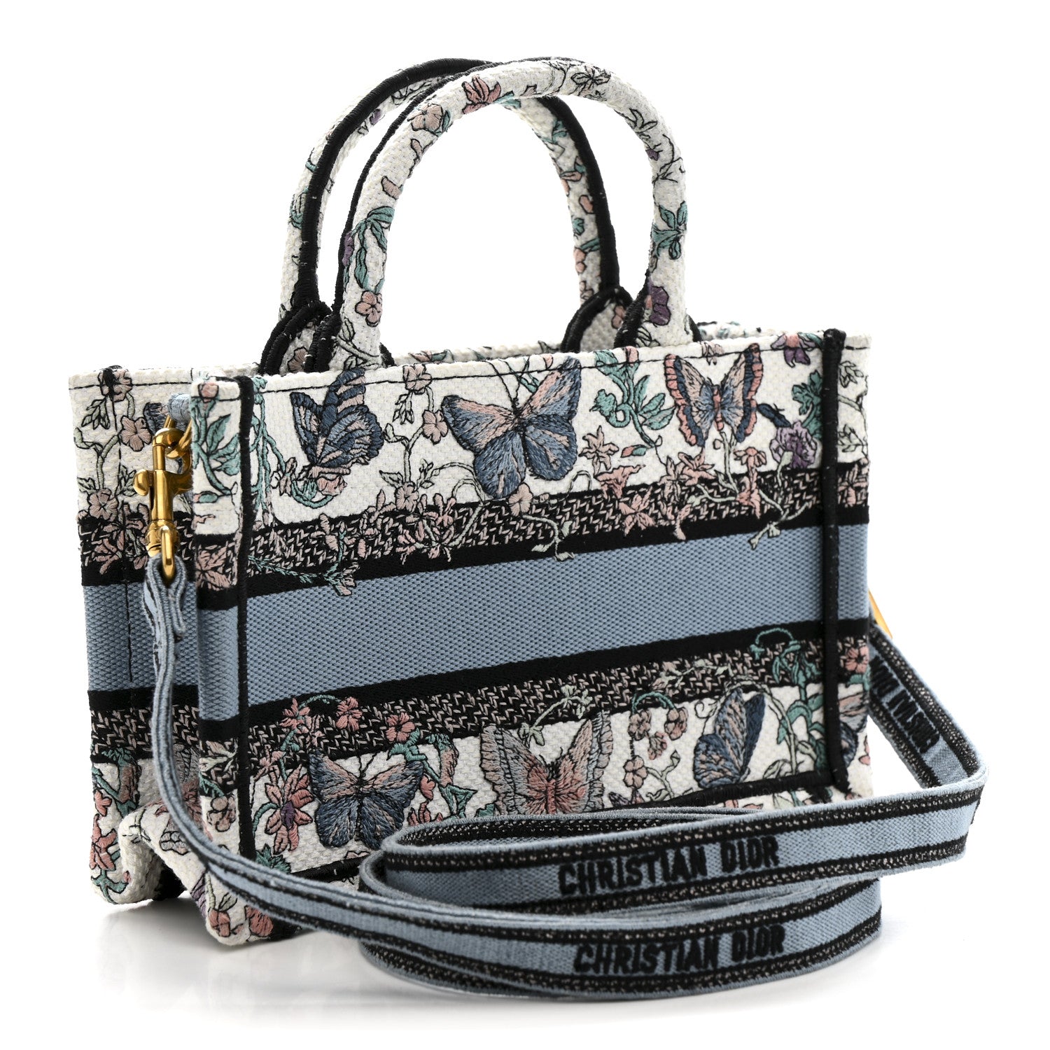 Christian Dior Canvas Embroidered Butterfly Mini Book Tote With Strap White Multicolor 3 of 15