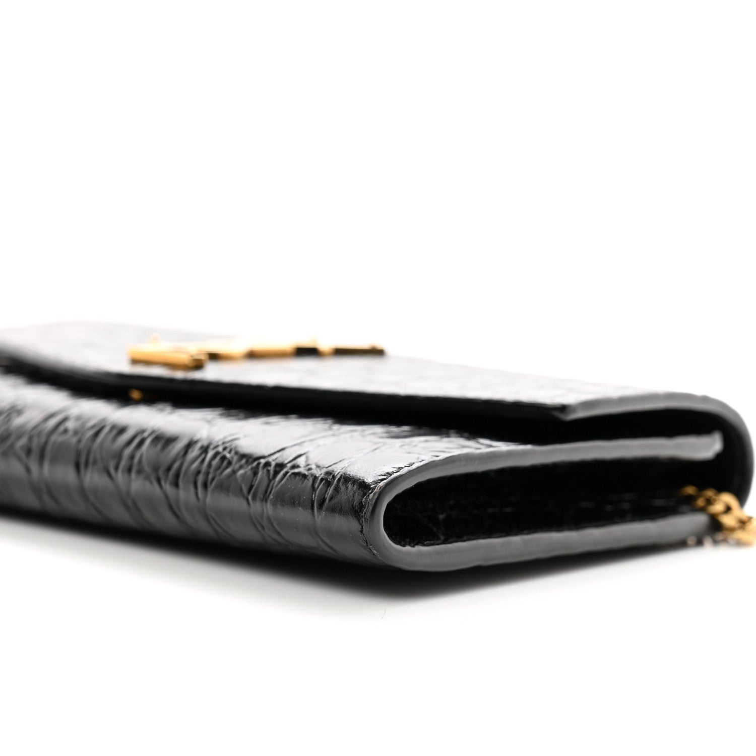 Saint Laurent Calfskin Crocodile Embossed Monogram Uptown Chain Wallet Black 10 of 11