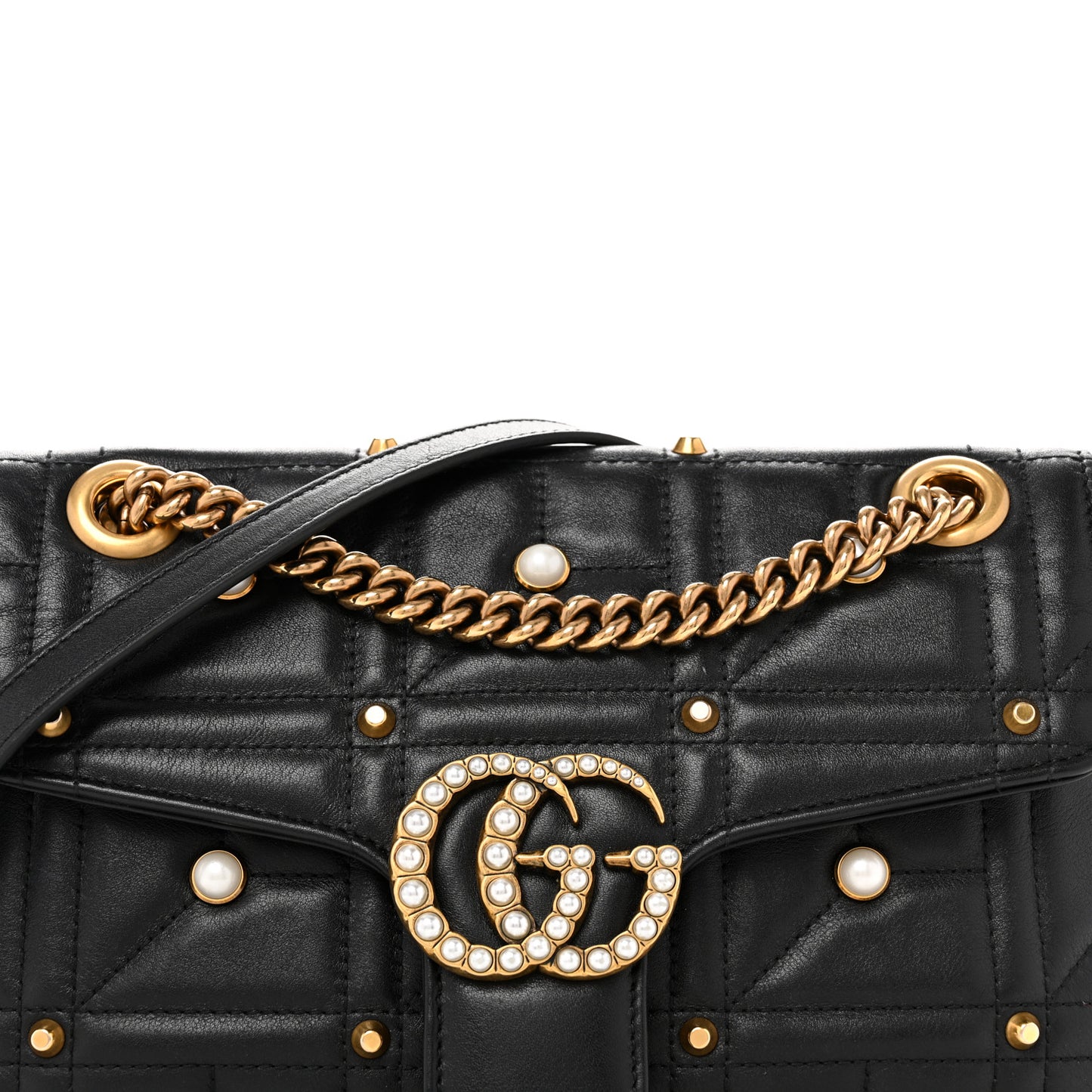 Calfskin Matelasse Studded Small Pearly GG Marmont Shoulder Bag Black