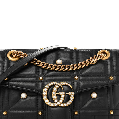 Gucci Calfskin Matelasse Studded Small Pearly GG Marmont Shoulder Bag Black 8 of 13
