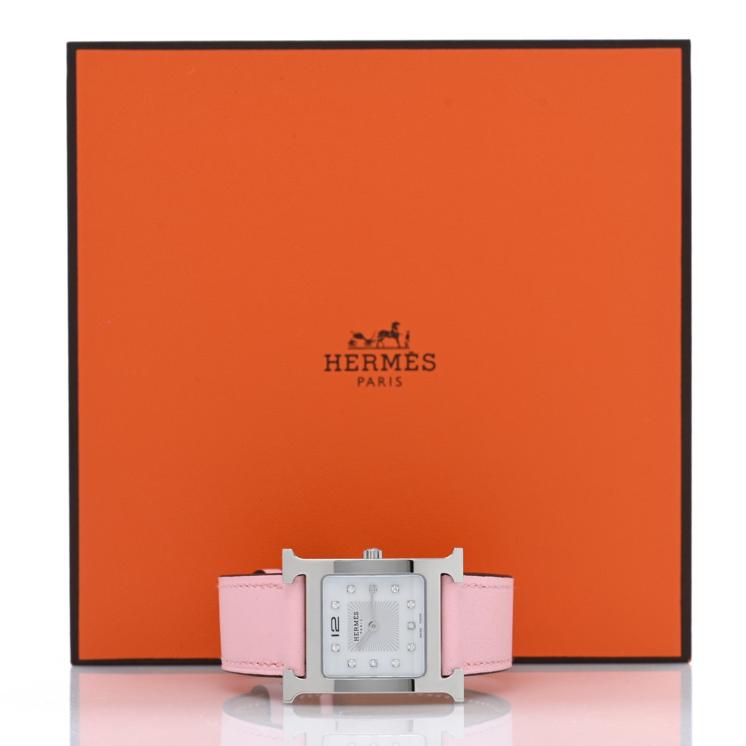 Hermes Stainless Steel Swift Diamond Mother of Pearl 26mm Heure H Hour Quartz Watch Rose Sakura 5 of 5