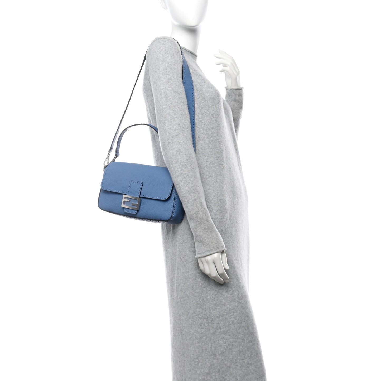 Cuoio Roma Sellerissima Nappa Sintetica Tape Stitch Baguette Placca Argento Blue