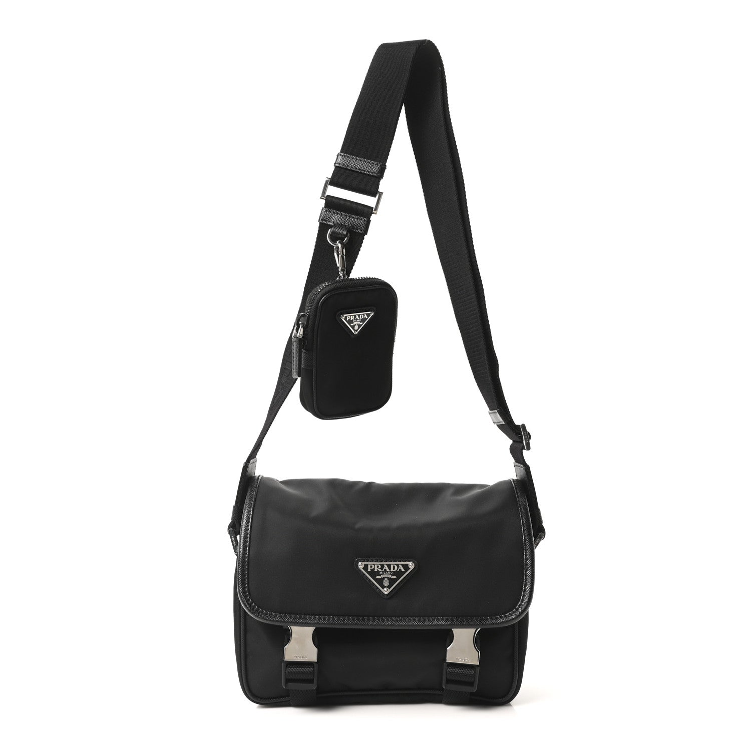 Prada Re-Nylon Saffiano Pocket Double Snap Buckle Messenger Shoulder Bag Black 1 of 10